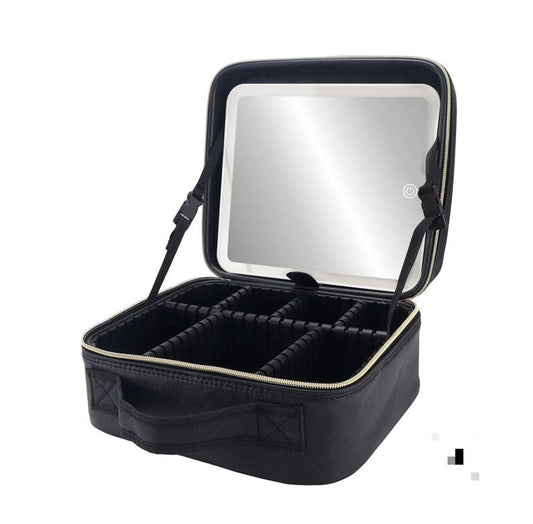 Bolsa de Maquiagem Portátil com Espelho e Luz LED